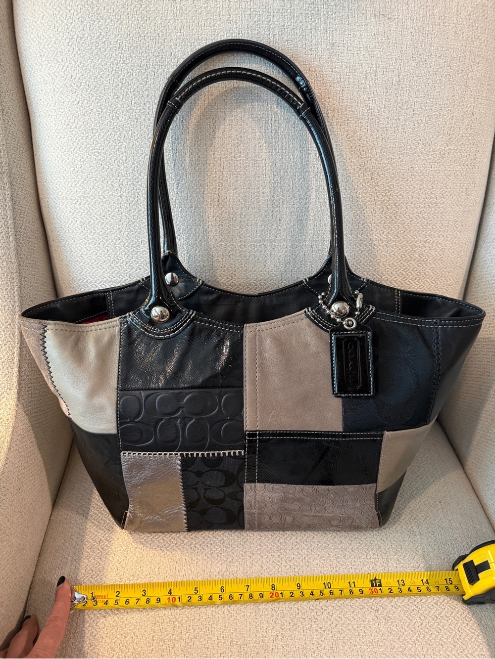Coach Patchwork Leather Tote in Black and Taupe